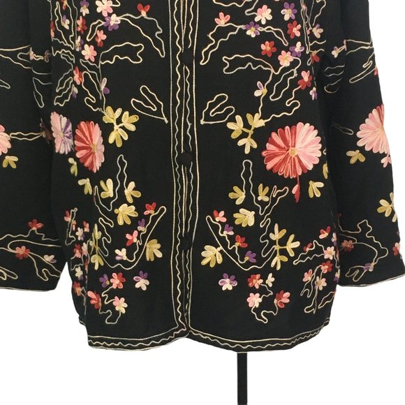 Boston Proper Black Floral Embroidered Sweater Jacket, Blazer, Mandarin Collar M - Picture 3 of 9